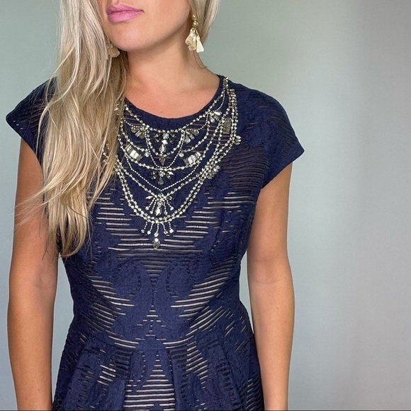 Lela Rose Navy Blue Jeweled Neck Full Skirt Dress - Picture 6 of 16